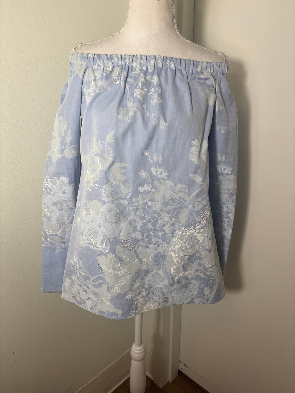 Lafayette 148 Light Blue Floral Long Sleeve Off The Shoulder Shirt Sz S
